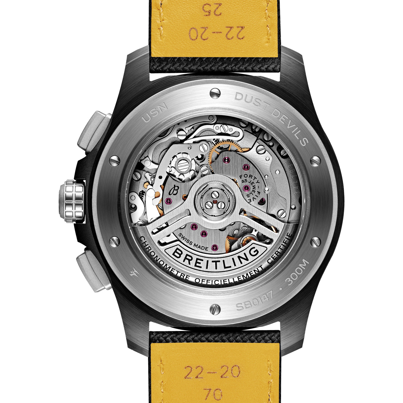 The image showcases the rear view of a BREITLING Avenger B01 Chronograph 44 Night Mission USN Dust Devils with a transparent case, revealing the intricate Breitling manufacture caliber 01 inside. The outer rim is adorned with engraved details reminiscent of Air Test Squadrons. The leather strap is partially visible, featuring imprinted measurements and text.