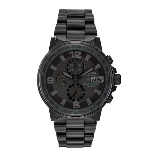 The CITIZEN Nighthawk Promaster Eco-Drive 42mm Watch is a stylish black timepiece featuring a stainless steel bracelet and three chronograph subdials on its face. The dial showcases a blackout design, complete with large numerals, date display, and the "Nighthawk" branding. The watch also includes a tachymeter scale encircling the bezel.