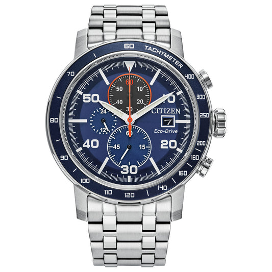 The CITIZEN Brycen Eco-Drive 44mm Watch showcases a brilliant blue dial adorned with three subdials, silver hour markers, and vivid red highlights on the second hand. It includes Eco-Drive technology and is paired with an elegant silver stainless steel bracelet, enhanced by a tachymeter on the bezel.