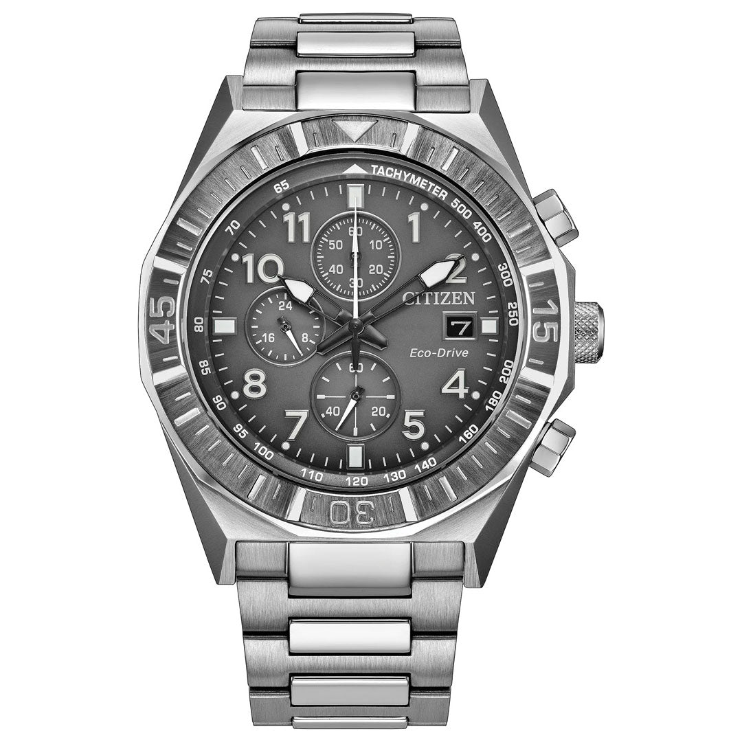 The CITIZEN Nighthawk Eco-Drive 42mm Watch, crafted from stainless steel, features a dark dial with three subdials, a date display, tachymeter bezel, and silver hour markers. Powered by advanced Eco-Drive technology from CITIZEN, the watch is displayed against a white background.