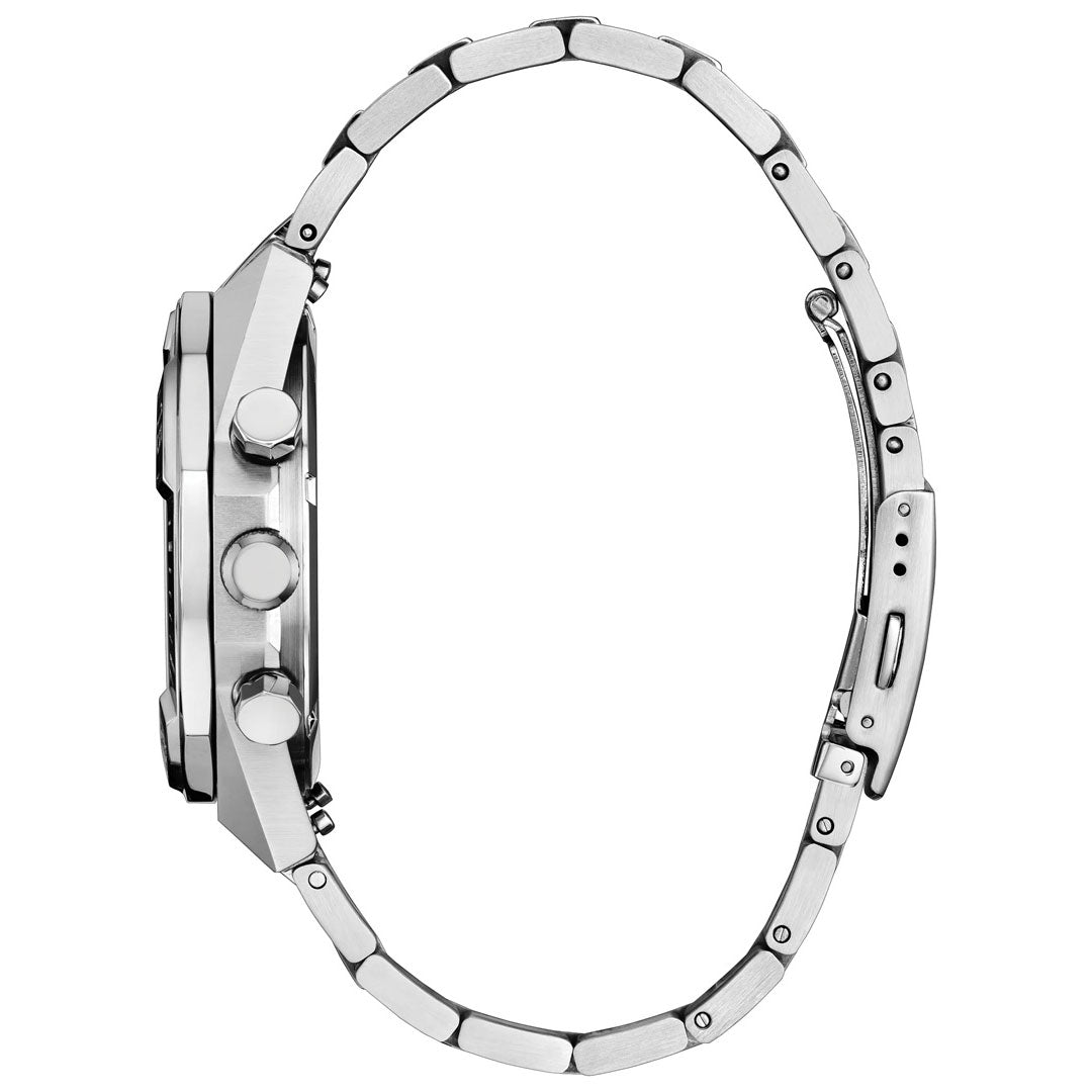 Side view of the CITIZEN Nighthawk Eco-Drive 42mm Watch, featuring a stainless steel case, metal link band, visible crown, two pushers, and clasp. The watch face is not visible from this angle.
