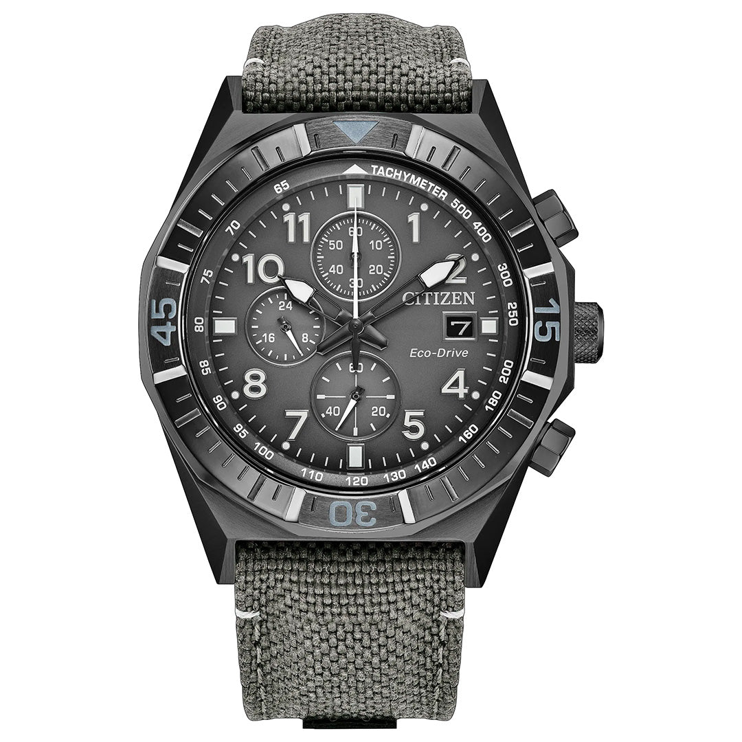 The CITIZEN Nighthawk Eco-Drive 42mm Watch by CITIZEN features a gray textured strap, black case, and a large round dial with multiple subdials, luminous hands, and bold white numerals—making it an ideal sports casual watch for everyday versatility.
