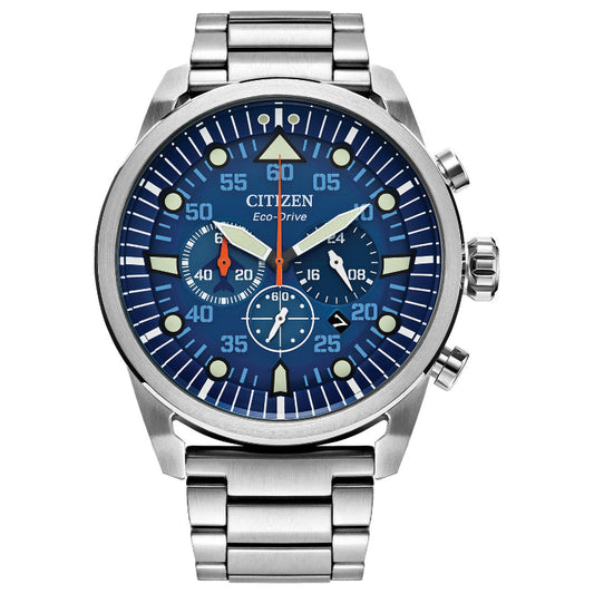 Discover the refined elegance of the CITIZEN Avion Eco-Drive 45mm Watch. This timepiece features a stainless-steel case paired with an eye-catching blue dial, complete with three subdials, bold white hour markers, and luminous hands. The bezel's detailed minute scale beautifully complements its coordinated metallic wristband.