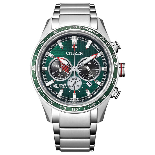 A CITIZEN Garrison Super Titanium Eco-Drive 43mm watch, featuring a green dial with red accents, a silver metal band, three subdials, and a tachymeter scale.