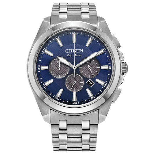 The CITIZEN Peyten Eco-Drive 41mm Watch is a stylish timepiece with a blue dial and sapphire crystal. It features three subdials, a date display, and a stainless steel bracelet. The silver-toned hands and hour markers stand out elegantly against the vibrant blue background.