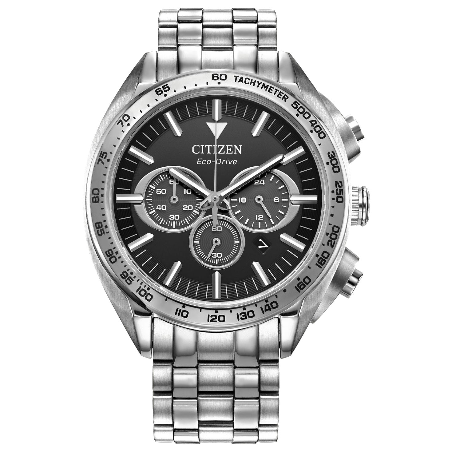 The CITIZEN Carson Eco-Drive 43mm Watch features a chic stainless steel band paired with a sophisticated black dial. It includes three subdials, a tachymeter scale on the bezel, and silver hour markers and hands. This CITIZEN timepiece combines elegance with practicality for everyday wear.