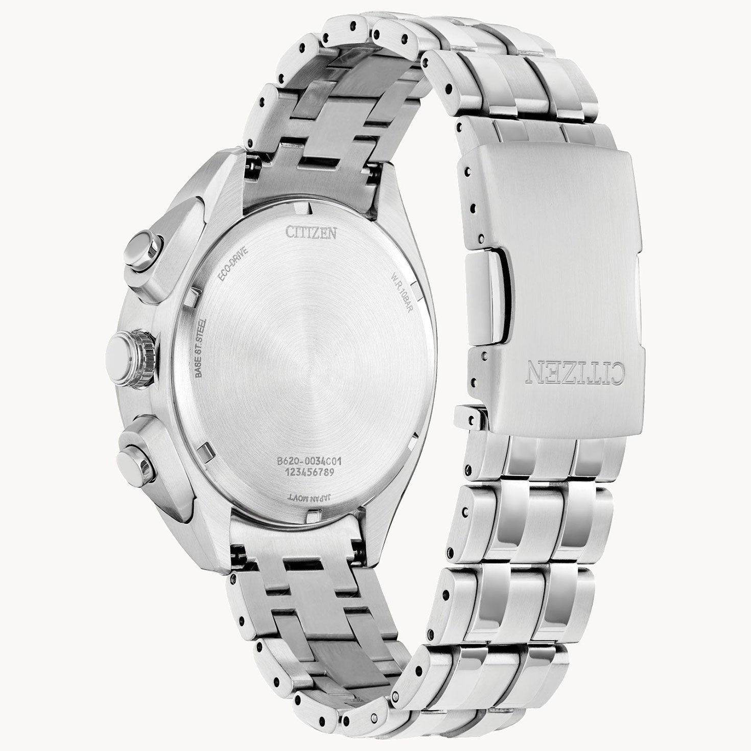 The CITIZEN Carson Eco-Drive 43mm Watch features a sophisticated stainless steel band and clasp. Its stylish round back enhances elegance, and the interlinked metal segments of the band provide a refined look.