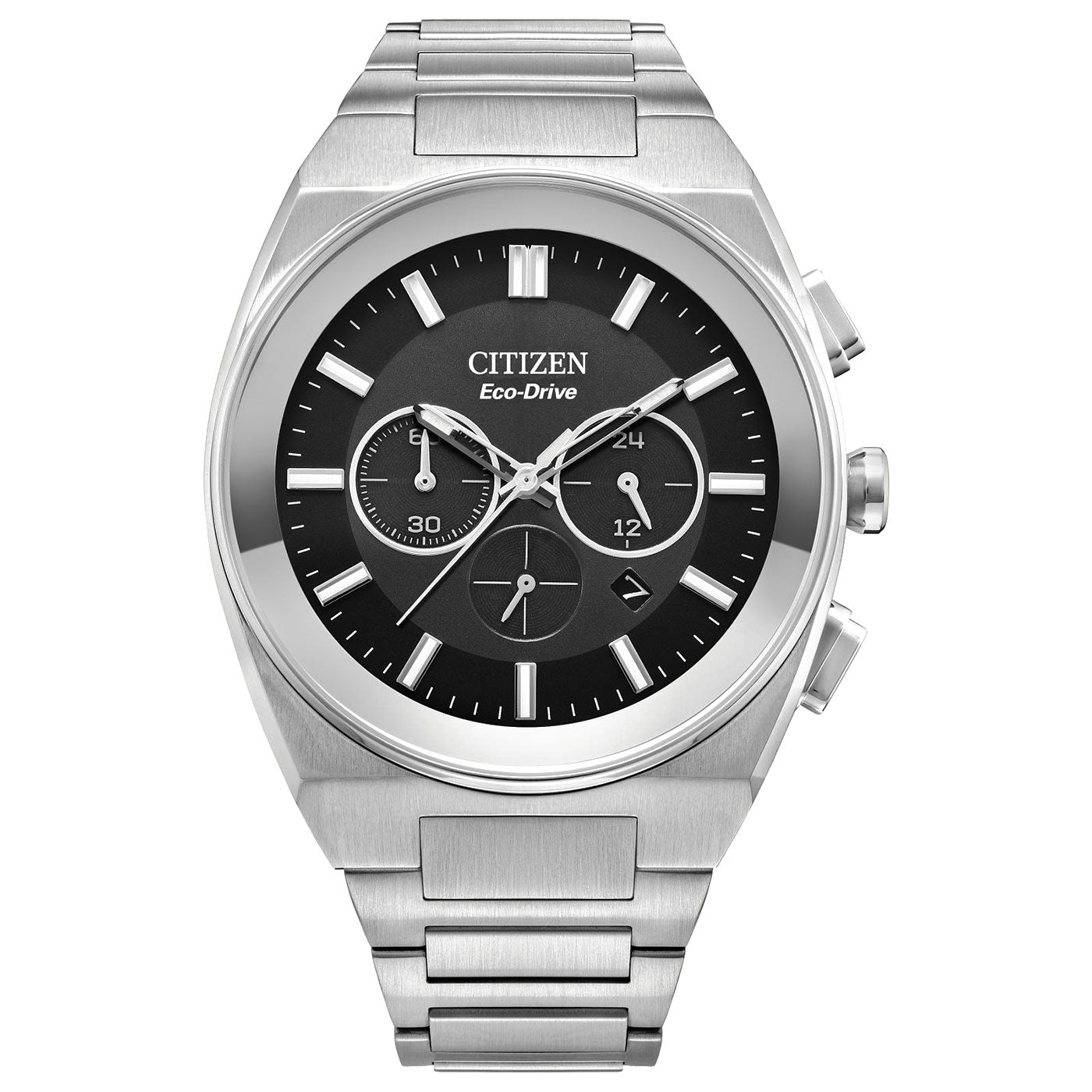 The CITIZEN Axiom SC Eco-Drive 43mm Watch features a sophisticated design with a sleek silver stainless steel bracelet and a striking black dial. It includes three subdials, silver hour markers, and two crown buttons on the side. The CITIZEN brand name is prominently displayed at the top of this elegant timepiece.