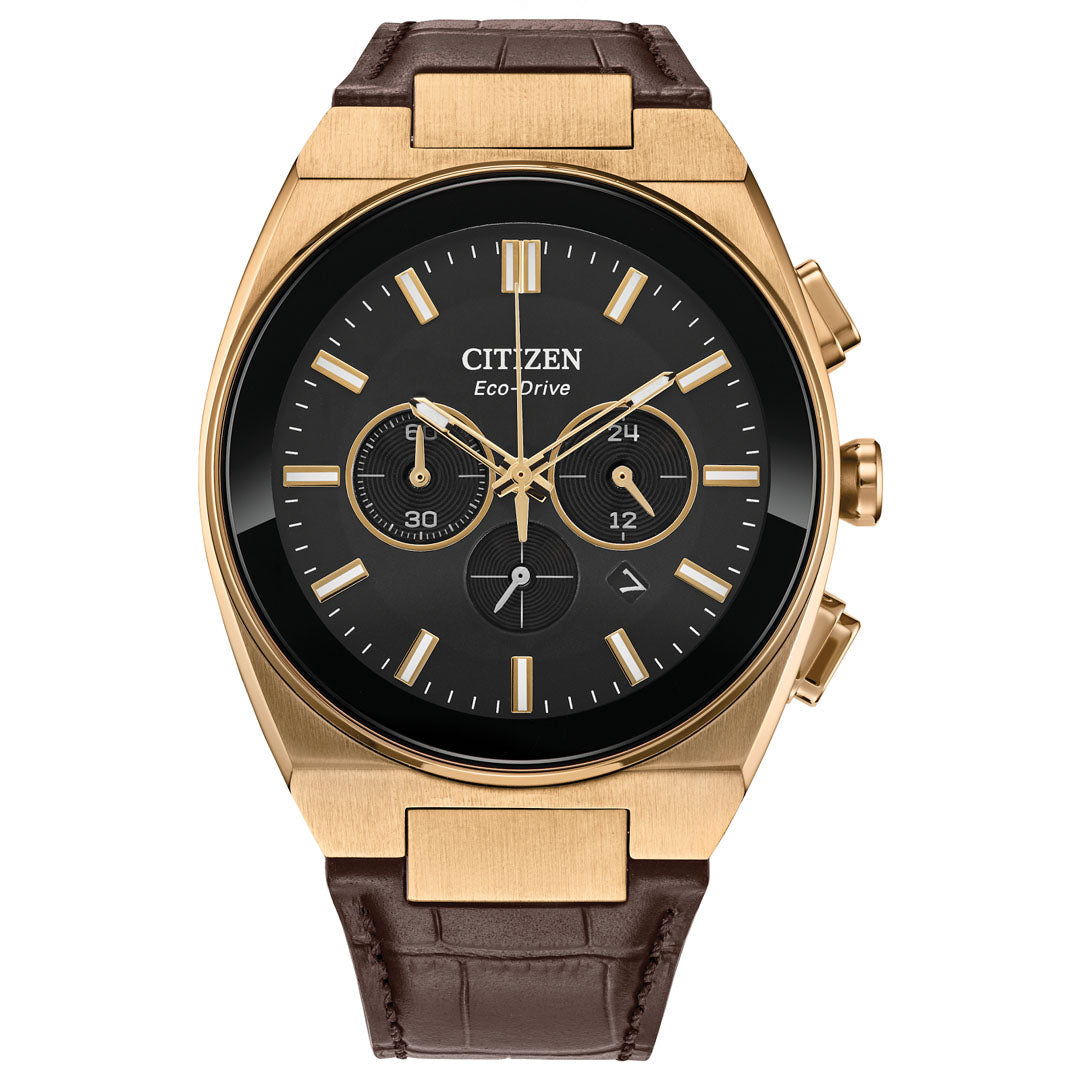 The CITIZEN Axiom SC B620 Eco-Drive 43mm Watch by Citizen showcases a gold case with a black dial, adorned with three sub-dials and rose gold-tone hour markers and hands. It comes with a sophisticated brown leather strap and features two gold buttons on the side. This timepiece elegantly combines classic style with Eco-Drive technology for enhanced performance.