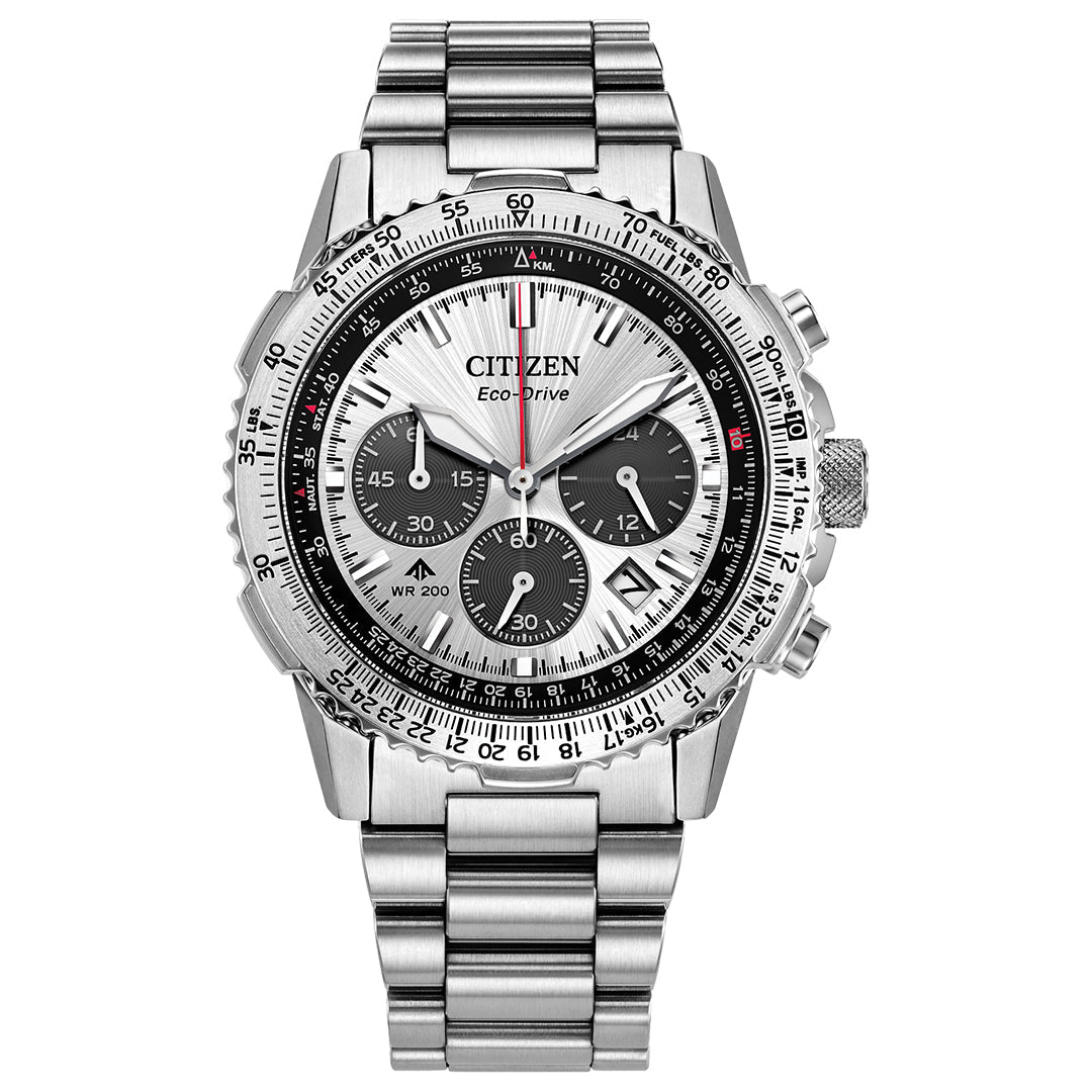 Explore the CITIZEN Promaster Navihawk Eco-Drive 40mm Watch, a stainless steel marvel with Eco-Drive tech. It features a silver dial with black subdials, date window, luminescent hands, and tachymeter bezel, finished with polished metal links on the bracelet.