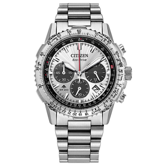 Explore the CITIZEN Promaster Navihawk Eco-Drive 40mm Watch, a stainless steel marvel with Eco-Drive tech. It features a silver dial with black subdials, date window, luminescent hands, and tachymeter bezel, finished with polished metal links on the bracelet.