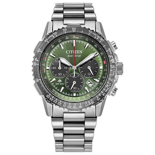 The CITIZEN Promaster Navihawk Eco-Drive 40mm men's watch features Eco-Drive tech, a stainless steel band and case, green dial with three subdials, date display, silver hour markers, round face, and a detailed bezel.
