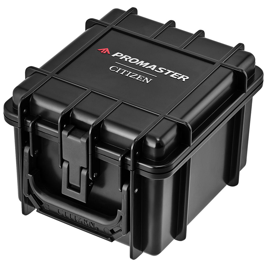 A sturdy black case with clasp and handle, labeled "CITIZEN" and "Promaster," designed for secure storage or transport of your CITIZEN Promaster Navihawk Eco-Drive 40mm watch.