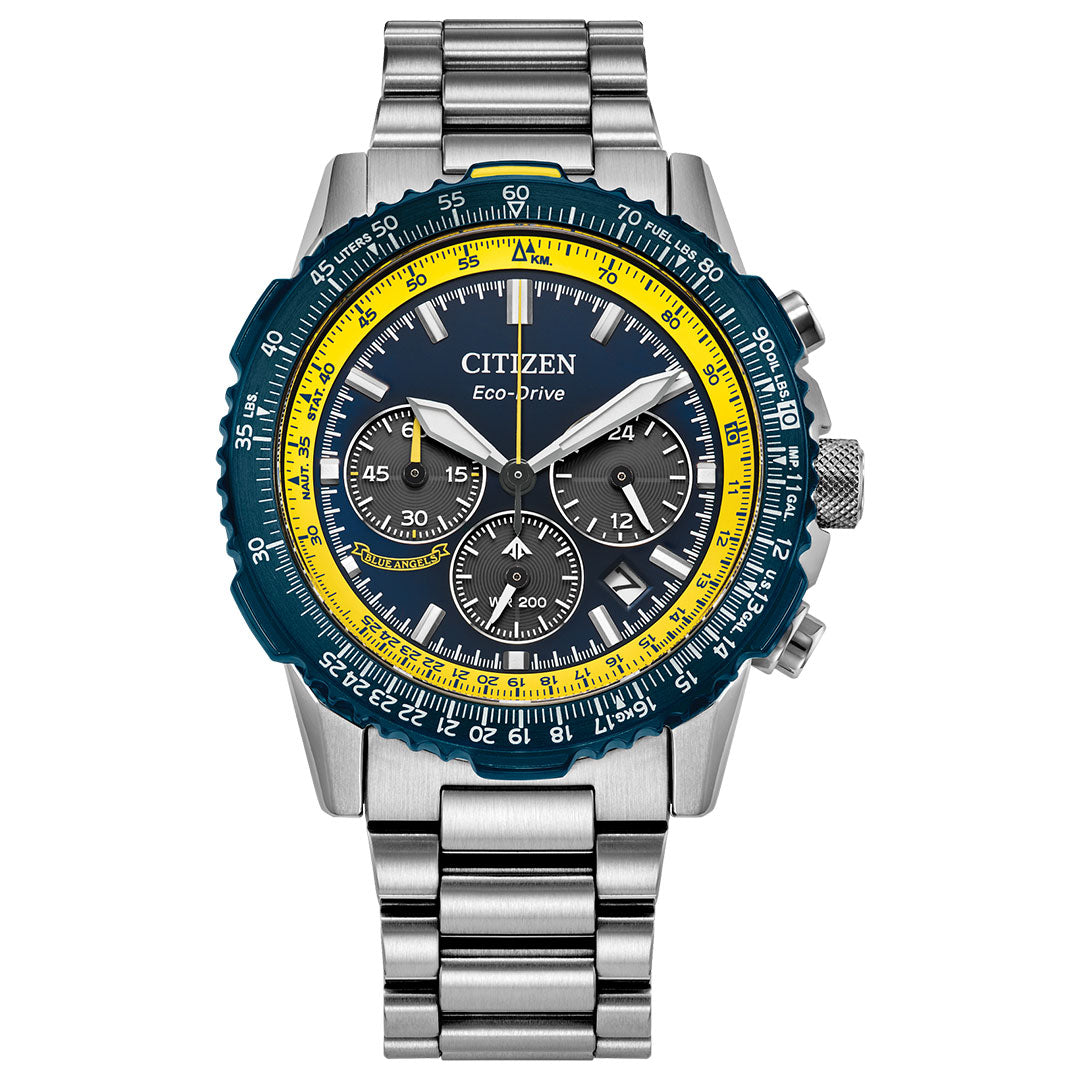A CITIZEN Promaster Navihawk Eco-Drive 40mm watch with a blue and yellow-accented face, three subdials, and a silver link band is shown photographed on a white background.