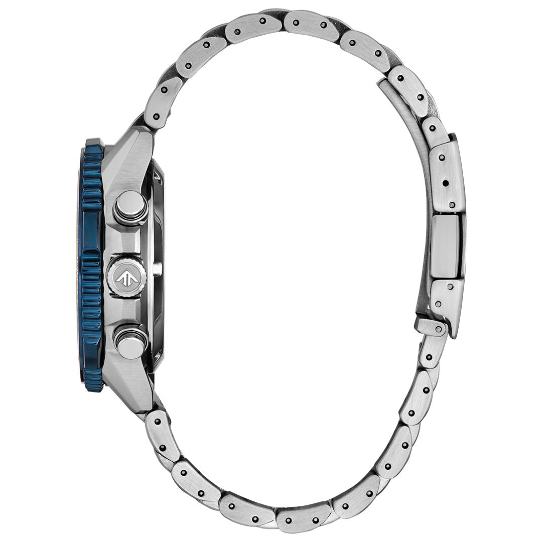 Side view of the CITIZEN Promaster Navihawk Eco-Drive 40mm Watch featuring a blue bezel, two buttons, and a metal link bracelet by CITIZEN, displayed against a white background.