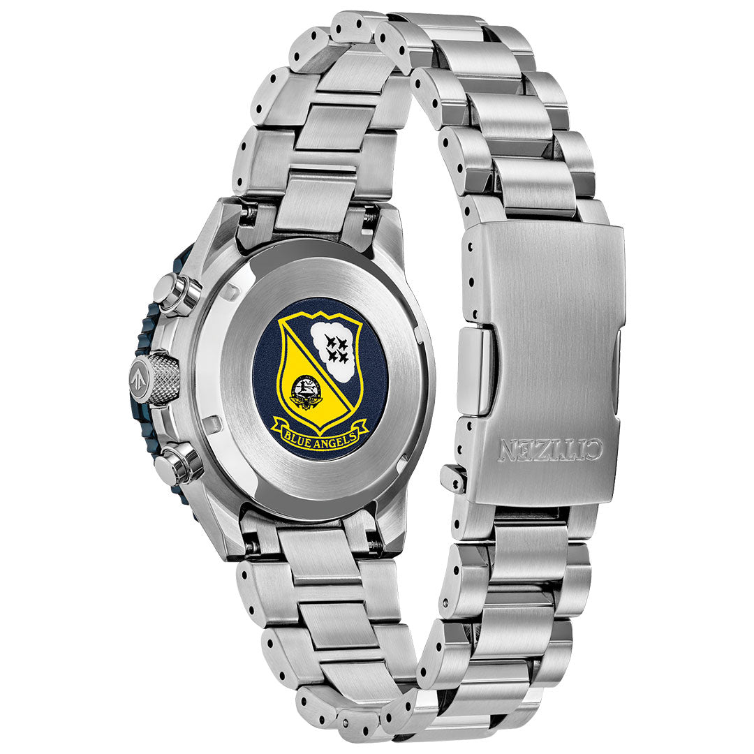The CITIZEN Promaster Navihawk Eco-Drive 40mm Watch is shown from the back, displaying an engraved case with a yellow and navy shield, stars, sword, skull, and a banner reading “The Angels.”.