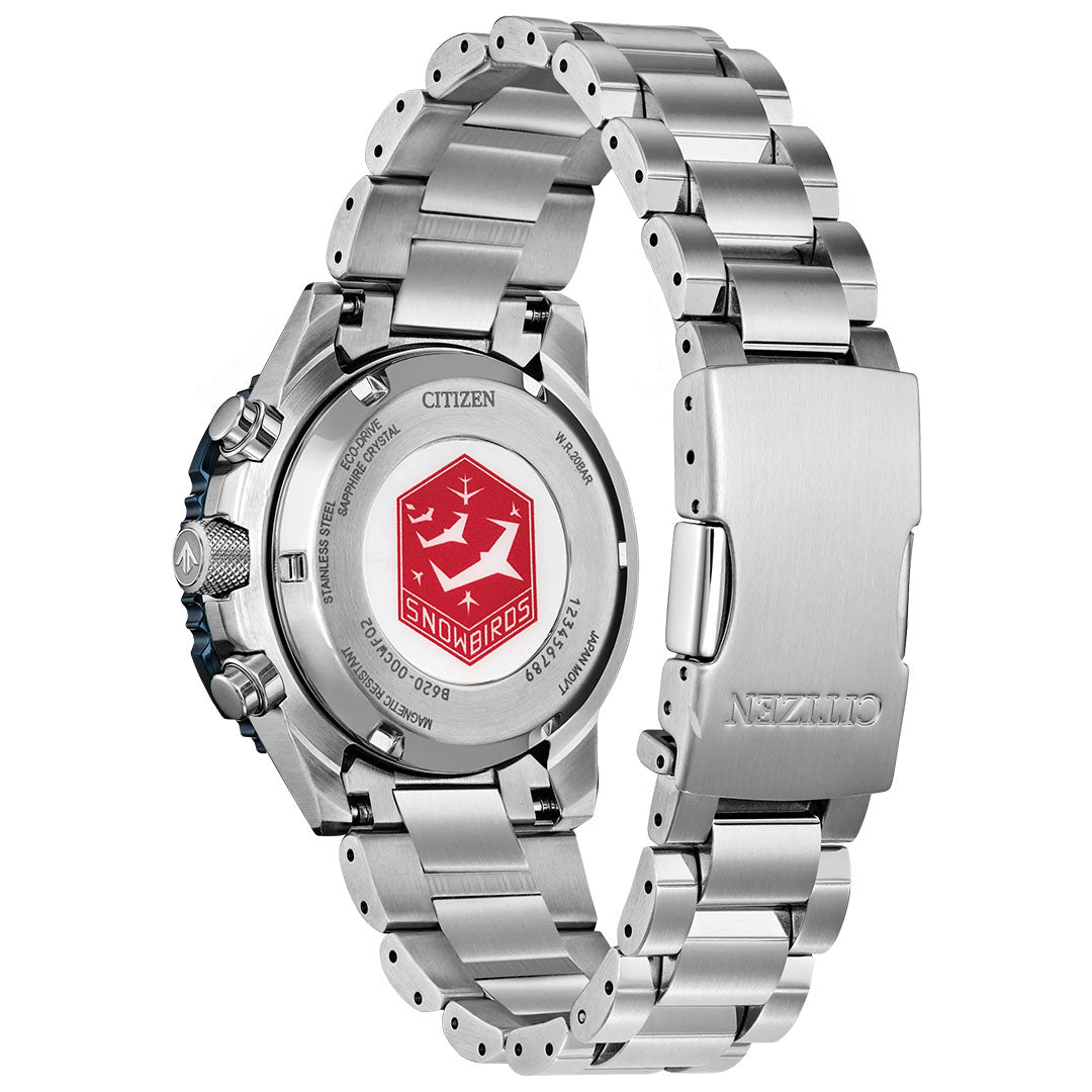 A close-up of the CITIZEN Promaster Navihawk Eco-Drive 40mm Watch shows its stainless steel back engraved with the Snowbirds logo and features a metal bracelet with a CITIZEN-branded clasp—a tribute to the Royal Canadian Air Force.