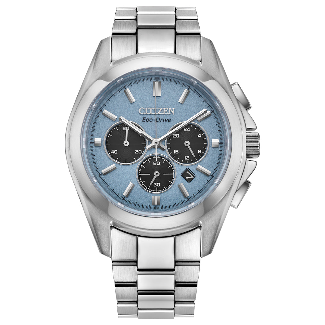 The CITIZEN Sport Luxury Eco-Drive 40.5mm Watch combines sport luxury with a light blue face, three black subdials, a date window at 4 o'clock, sapphire crystal, and a stainless steel bracelet. Two push buttons and a right-side crown complete this exquisite timepiece.