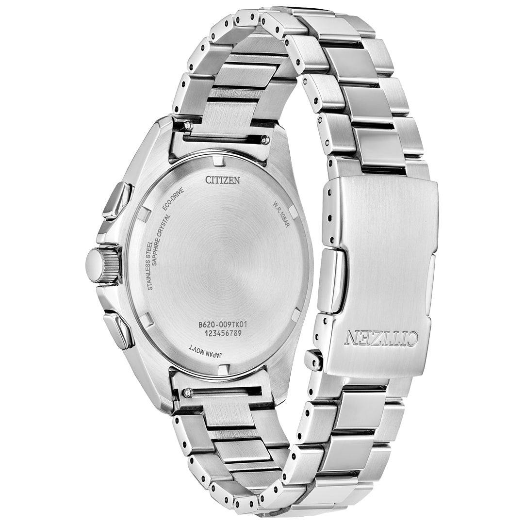 A CITIZEN Sport Luxury Eco-Drive 40.5mm watch crafted in silver stainless steel with a metal link band is shown from the back, detailing engraved text like brand, model numbers, and "Stainless Steel." The polished metal clasp also bears the CITIZEN name.