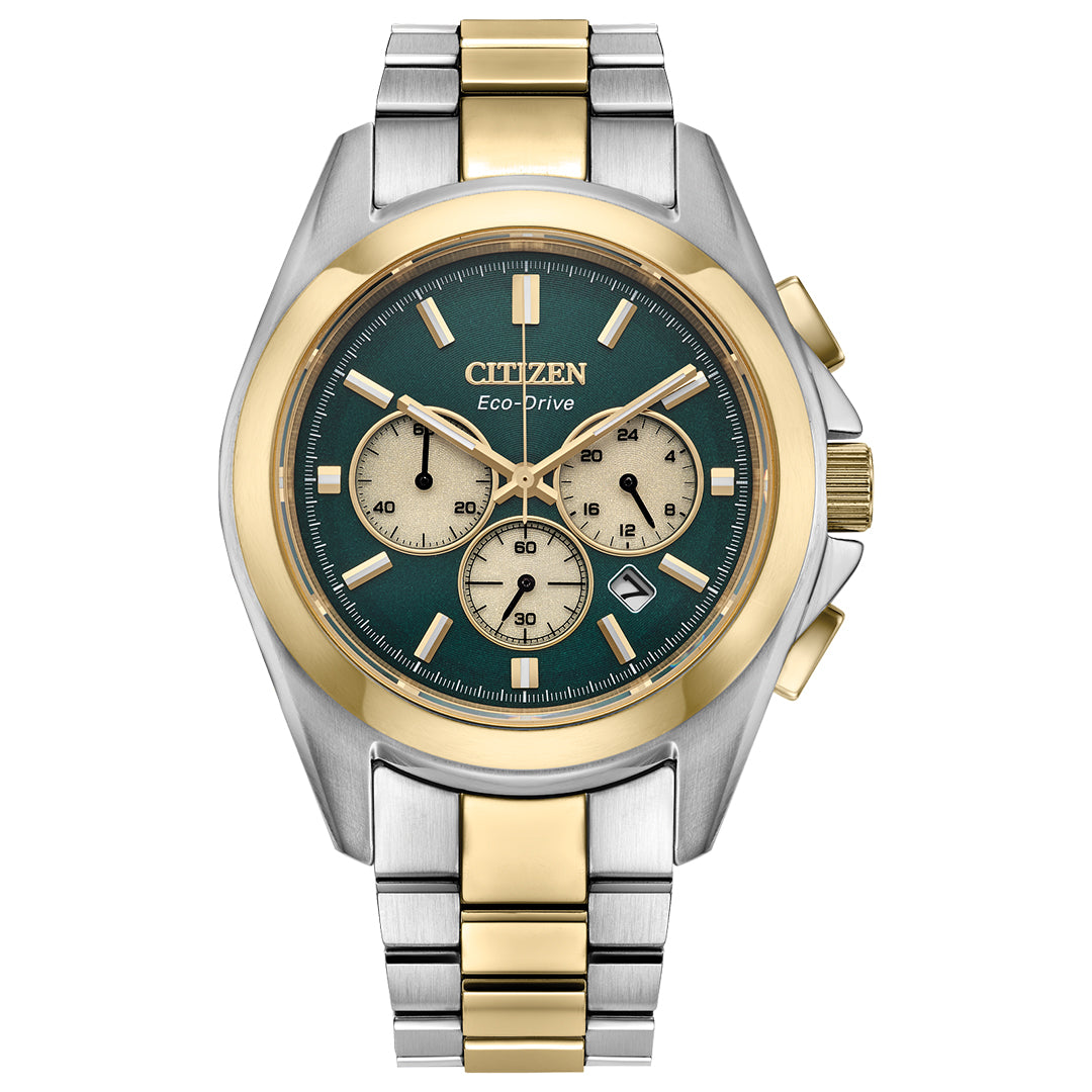 The CITIZEN Sport Luxury Eco-Drive 40.5mm Watch features a vibrant green dial with gold and silver accents, a dual-tone silver and gold stainless steel bracelet, a gold bezel, subdials with black markings, and a date display at 4 o'clock.