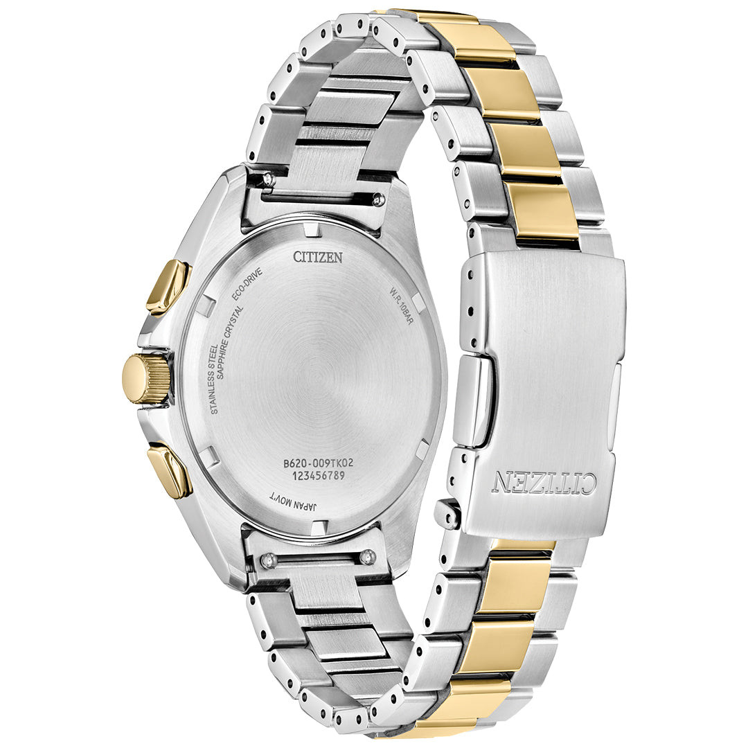 The CITIZEN Sport Luxury Eco-Drive 40.5mm watch showcases a two-tone design with a stainless steel bracelet featuring gold-tone links. The case back is engraved with model and serial numbers, while the branded clasp reads "CITIZEN," highlighting elegance in its functional design.