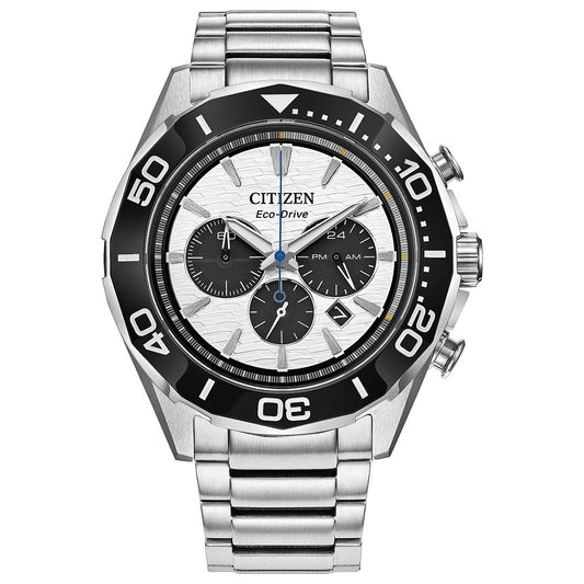 The CITIZEN Endeavor Chrono Eco-Drive 43mm Watch features a stainless steel case, black and silver bezel, three sub-dials, silver hour markers, a date display, and a brushed metal band.