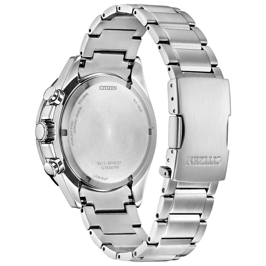A close-up of the back of the CITIZEN Endeavor Chrono Eco-Drive 43mm Watch reveals its silver stainless steel case, metal link band, and engraved CITIZEN logo on the clasp.