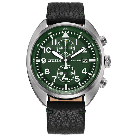 The CITIZEN Sport Eco-Drive 41mm Watch features a green dial with white numerals, two subdials, date at 3 o’clock, a silver case, and a black textured leather strap.