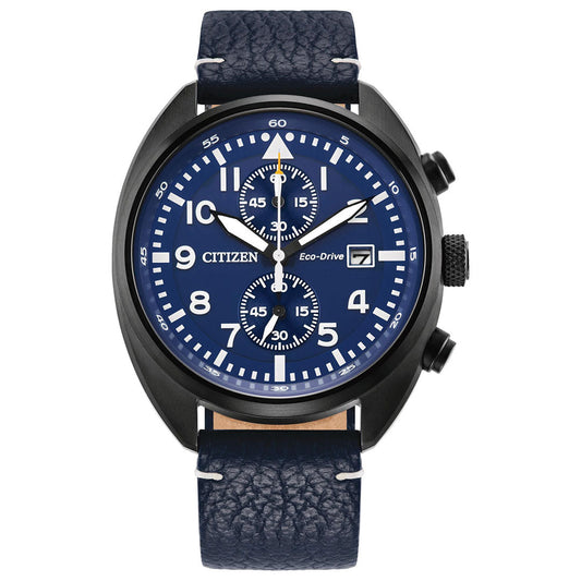The CITIZEN Sport Eco-Drive 41mm Watch features a blue dial with white markers, three subdials, a date window, and a textured dark blue leather strap. It has a black case with two buttons and a crown on the right.