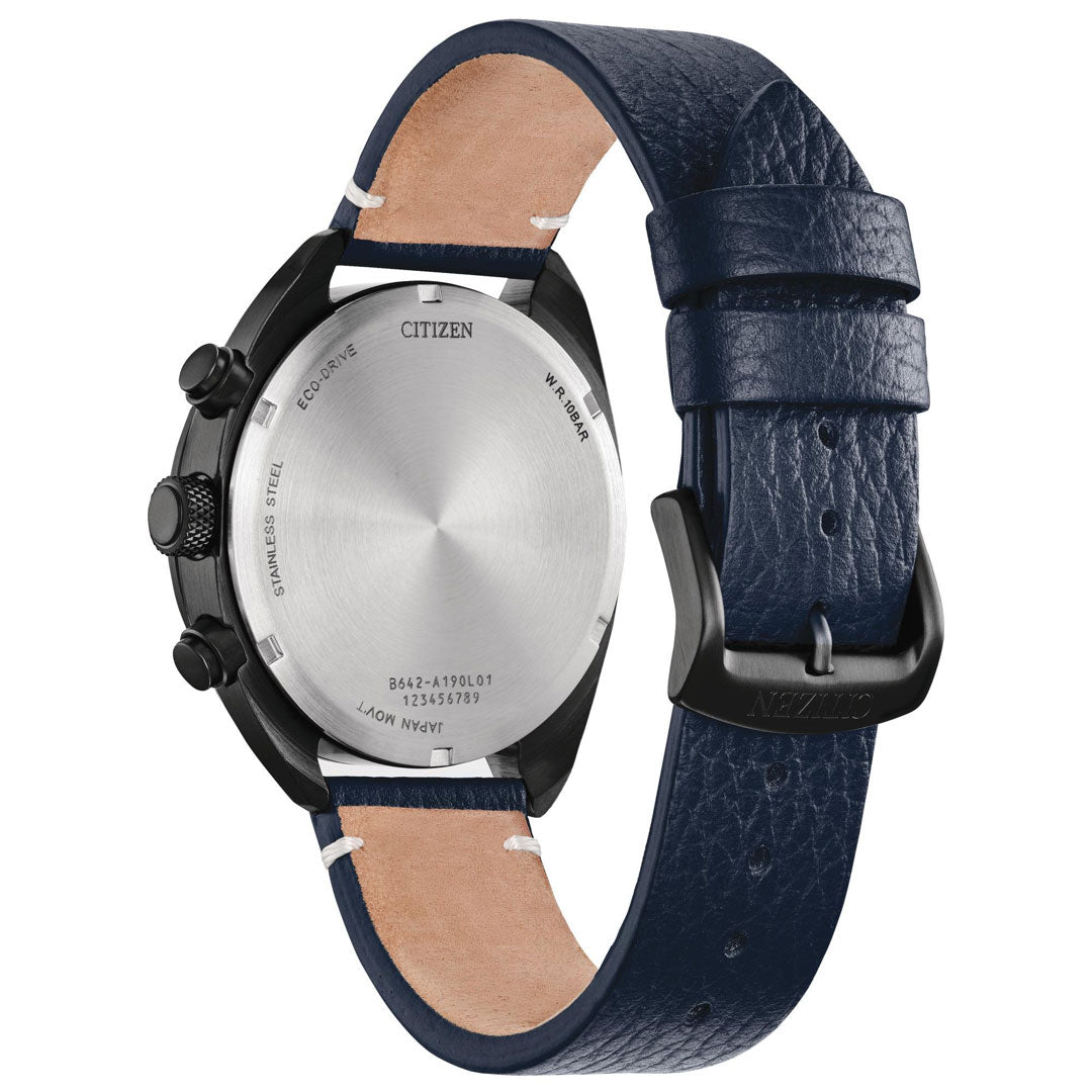 The image shows the back of a CITIZEN Sport Eco-Drive 41mm Watch with a blue leather strap, black buckle, and stainless steel case. Brand and technical engravings are visible on the silver case back.