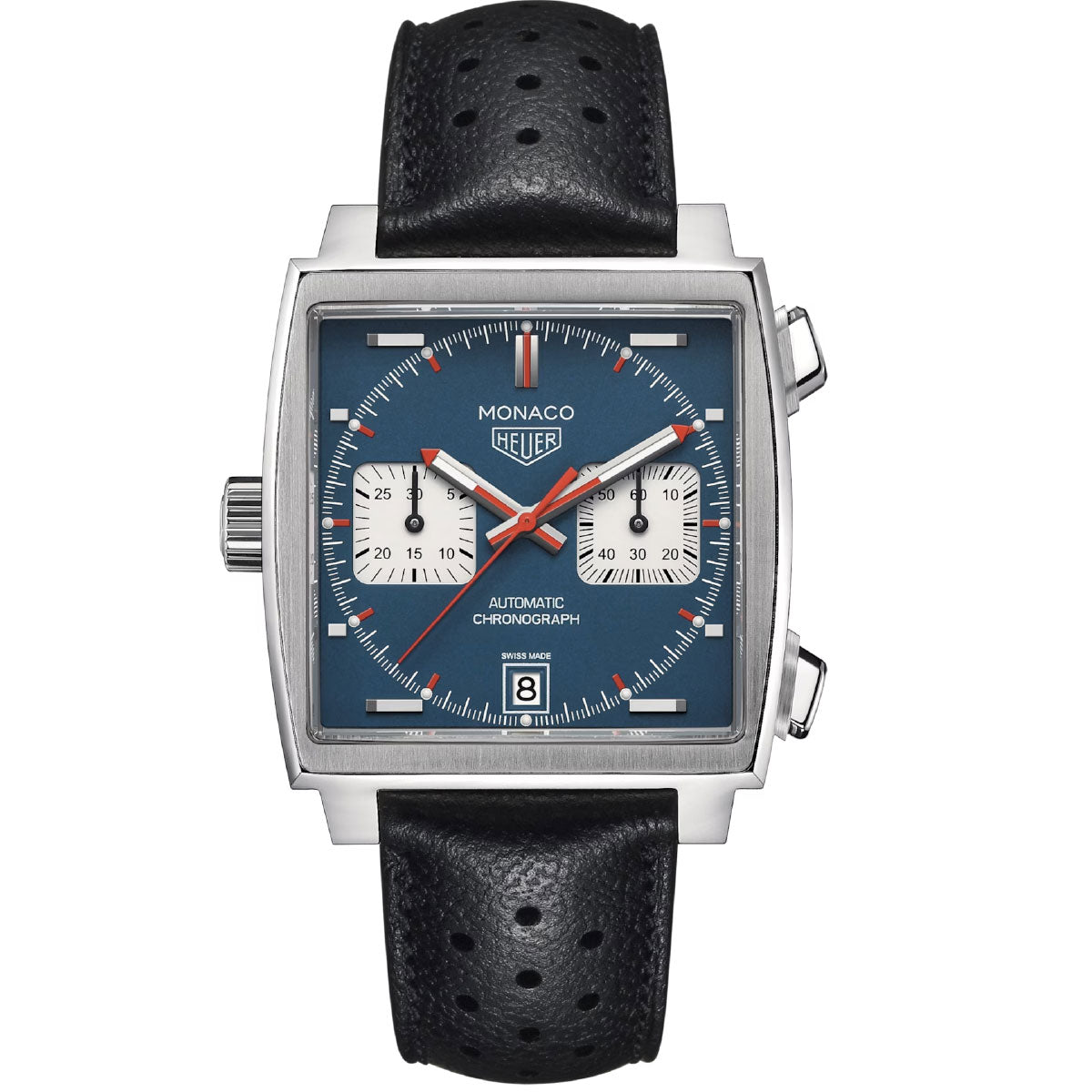 The TAG Heuer Monaco Chronograph Automatic 39mm Watch features a square case, blue dial with two white subdials, red accents, a date window at 6 o’clock, and is paired with a black perforated leather strap.