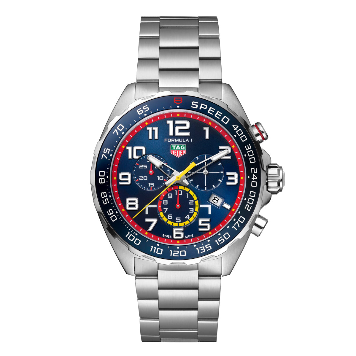 TAG Heuer Formula 1 Chronograph x Red Bull Racing Special Edition Quartz 43mm watch featuring a stainless steel case, blue, red, and yellow dial with multiple subdials, and a metal bracelet.