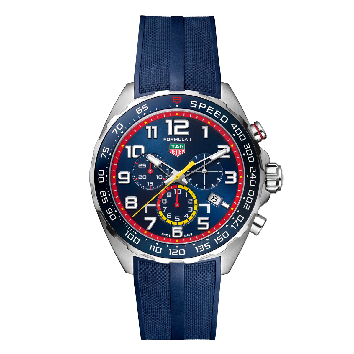 The TAG Heuer Formula 1 Chronograph x Red Bull Racing Special Edition Quartz 43mm Watch features a blue rubber strap and a multicolored dial with white numerals, a yellow minute ring, and striking red accents. The silver bezel is marked with black numerals, while the dial includes three subdials and a date window positioned at 4 o’clock.