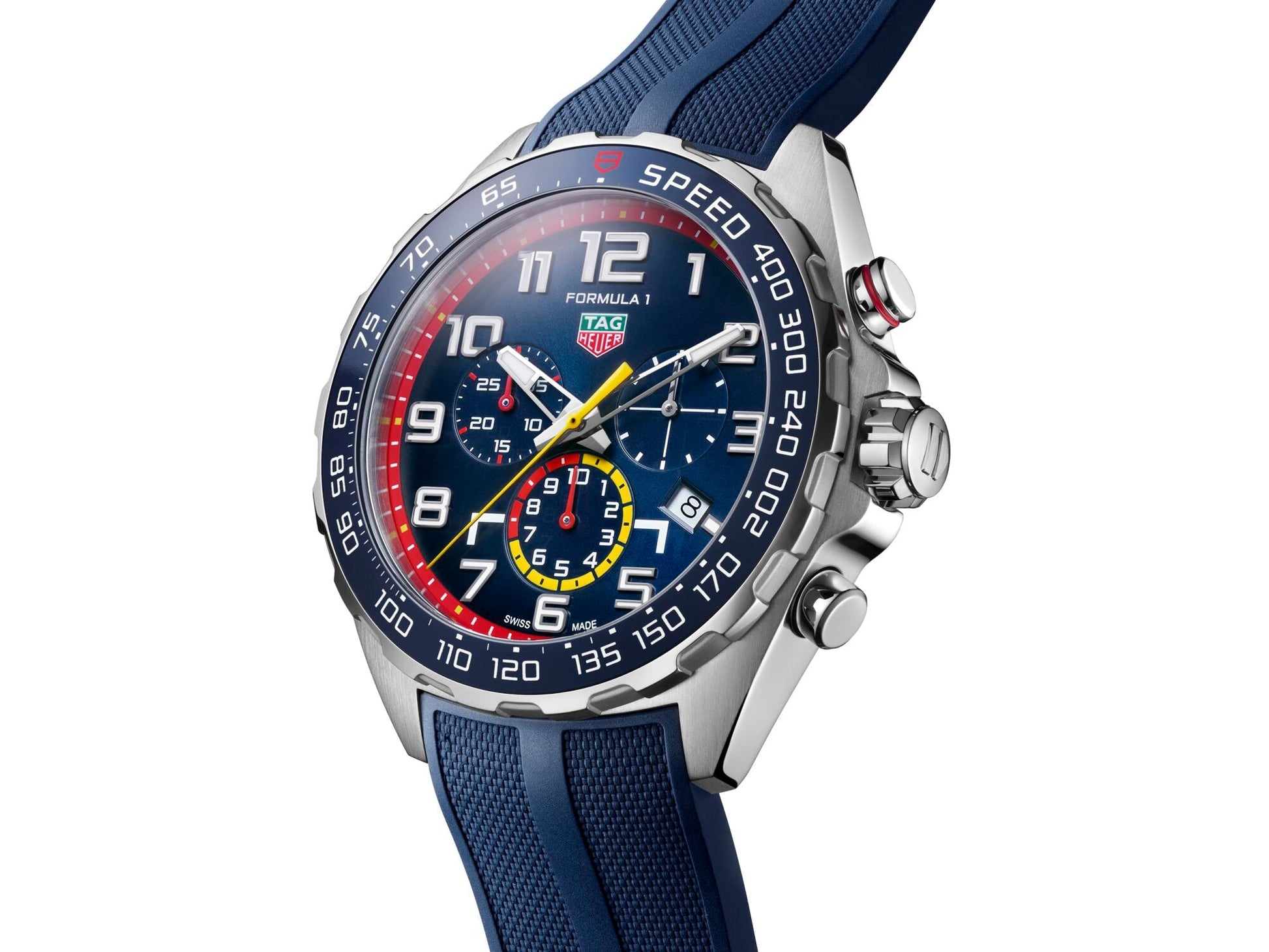 The TAG Heuer Formula 1 Chronograph x Red Bull Racing Special Edition Quartz 43mm Watch features a blue dial, blue strap, silver case, multiple subdials, white numerals, and a red-accented bezel.