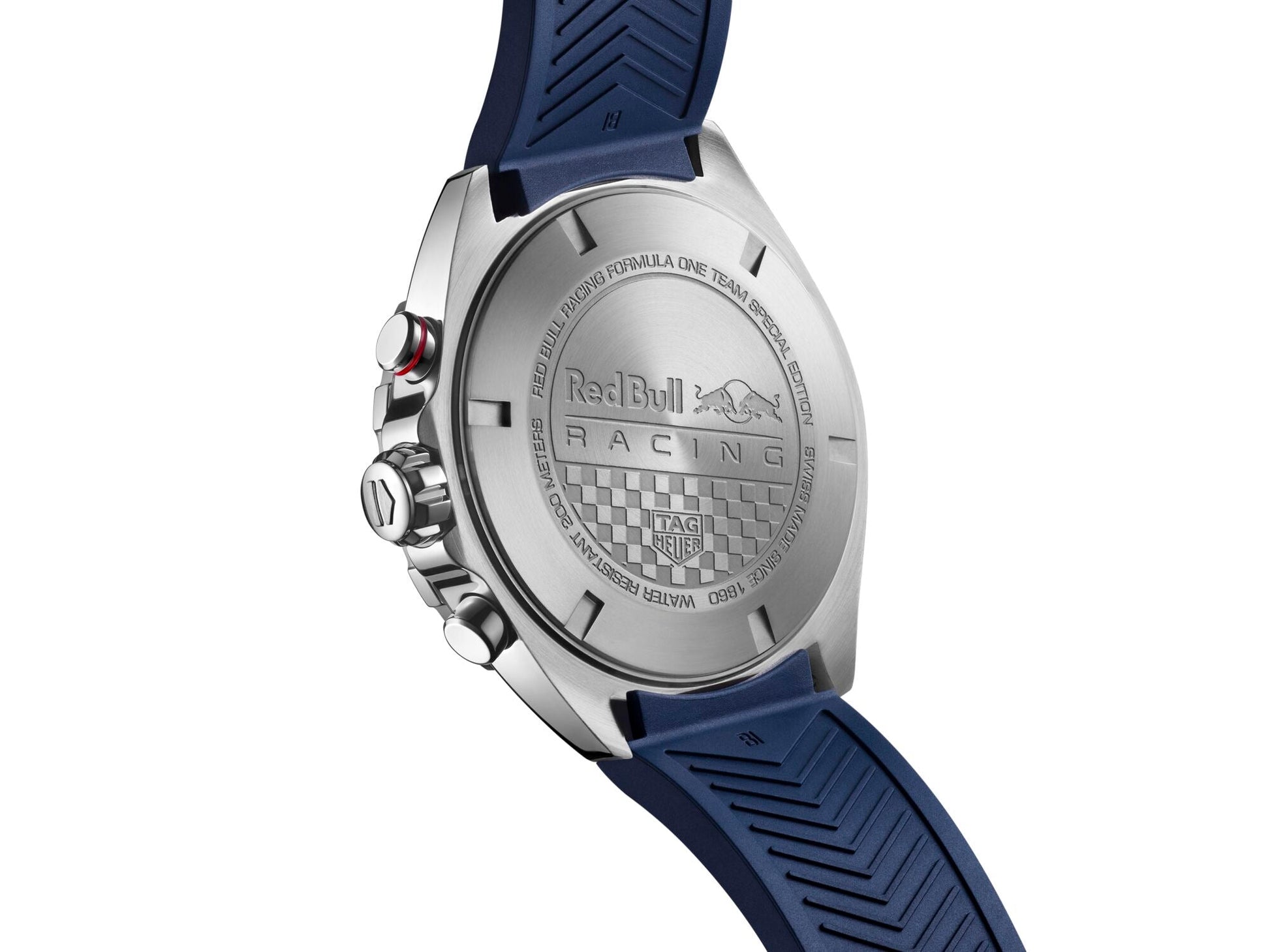 Close-up of the back of the TAG Heuer Formula 1 Chronograph x Red Bull Racing Special Edition Quartz 43mm Watch, featuring a blue strap and detailed engravings of “Red Bull Racing,” a checkered flag motif, and the TAG Heuer logo, showcasing its partnership with Formula One.