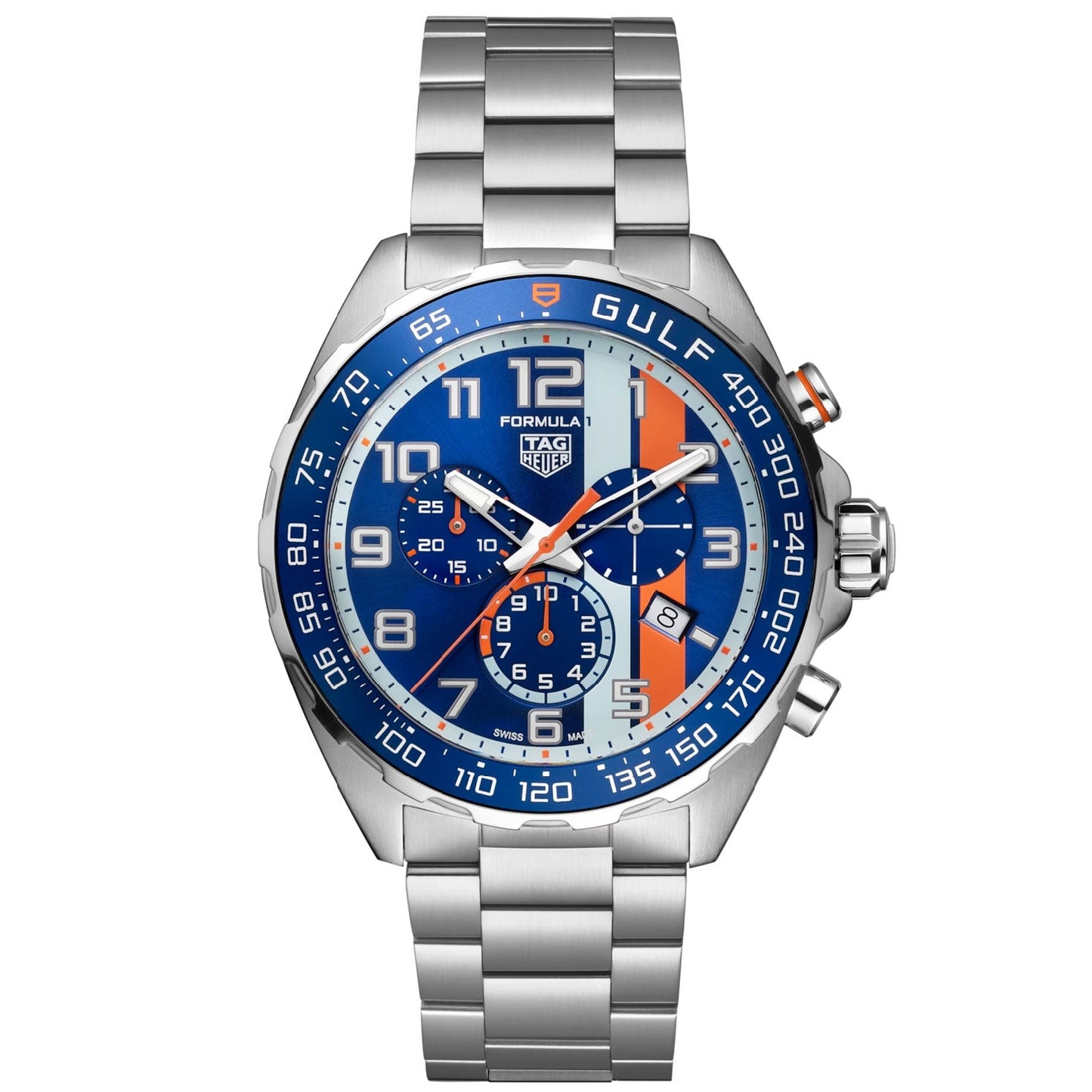 A TAG Heuer Formula 1 Chronograph x Gulf Special Edition Quartz 43mm Watch by TAG Heuer, featuring a silver metal band, blue dial with orange accents, subdials, and iconic Gulf branding on the bezel—expertly crafted as the ultimate motorsport timepiece inspired by racing heritage.