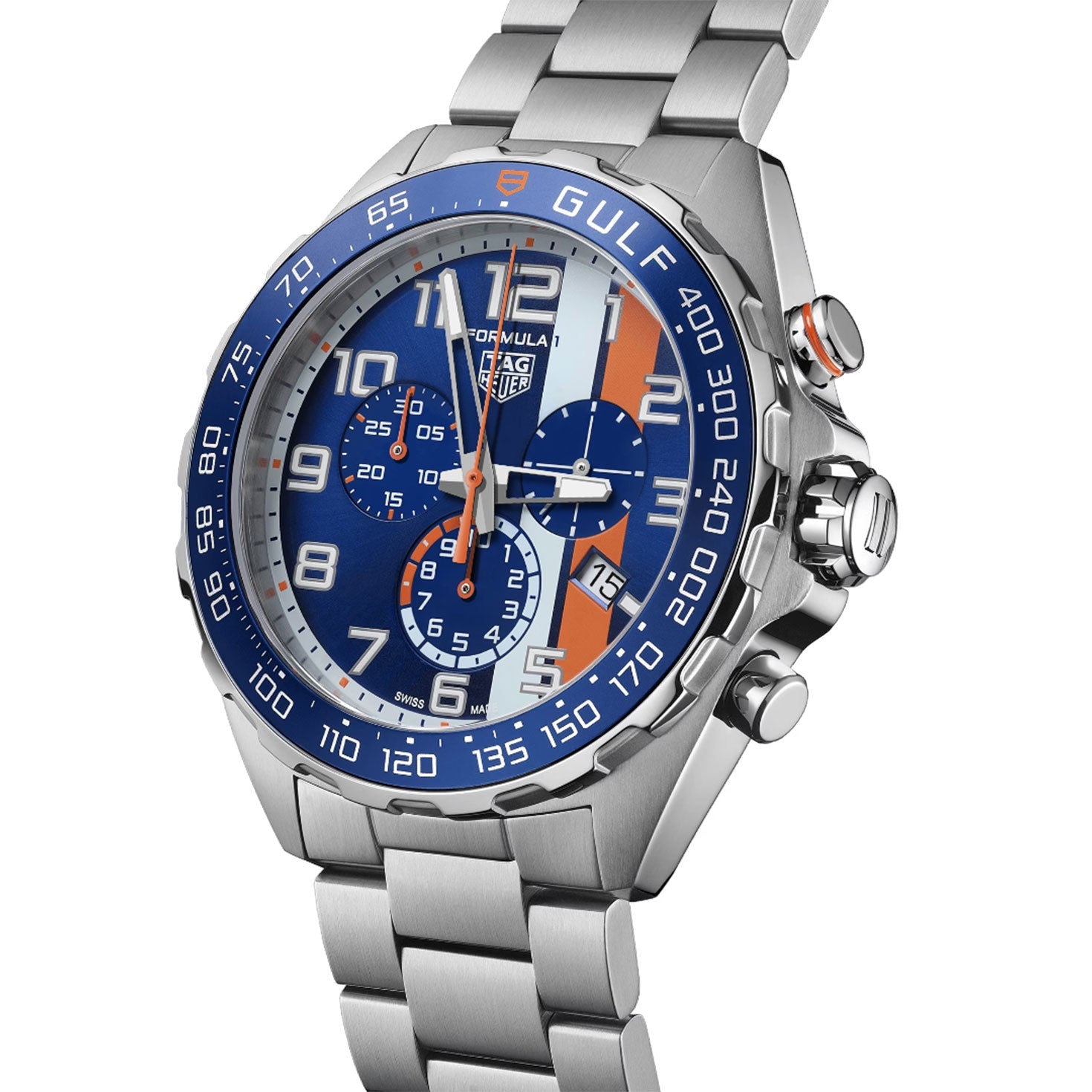 The TAG Heuer Formula 1 Chronograph x Gulf Special Edition Quartz 43mm Watch by TAG Heuer is a bold motorsport timepiece, showcasing a stainless steel band, blue dial detailed with the classic blue and orange Gulf racing stripes, three subdials, and a tachymeter bezel.