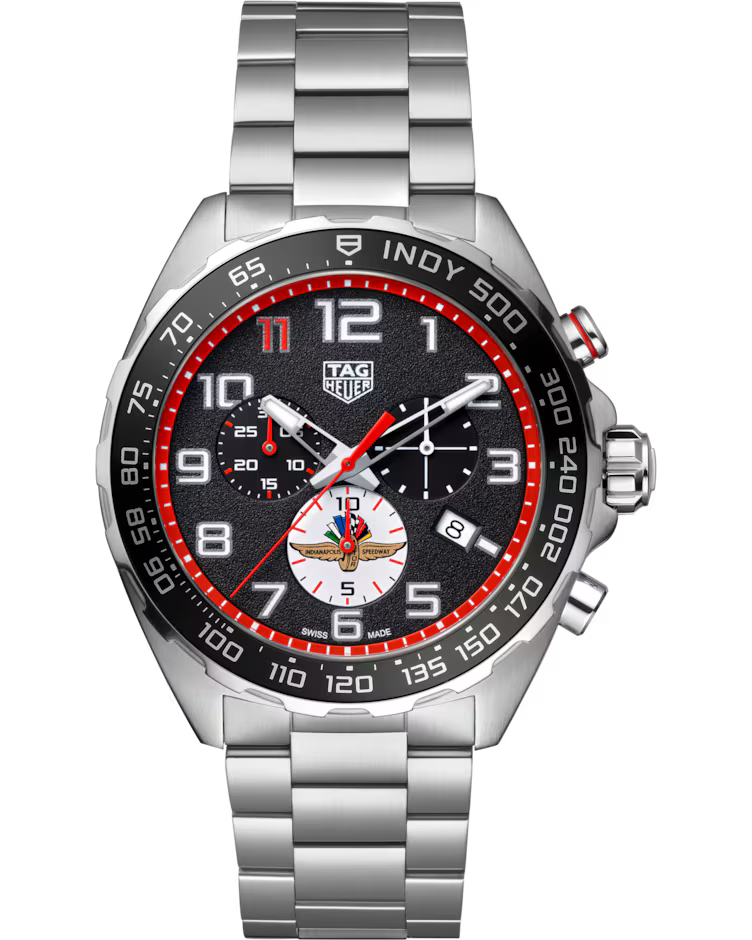 Introducing the TAG Heuer Formula 1 Chronograph x Indy 500 Special Edition Quartz 43mm Watch—a striking timepiece featuring a black textured dial with red and white accents, silver hands, a tachymeter scale bezel, and a stainless steel bracelet.