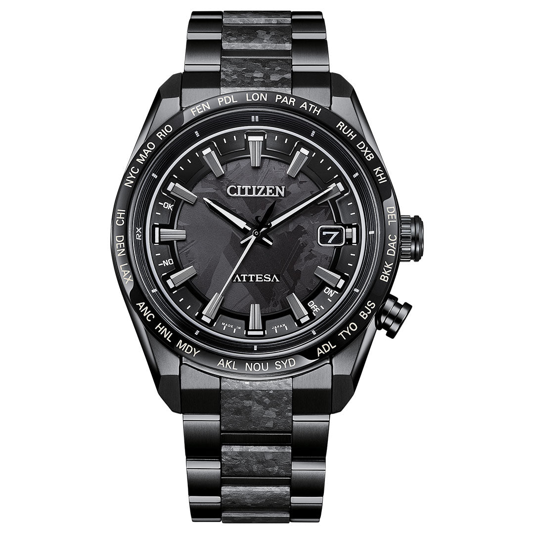 The CITIZEN Attesa Hakuto-R Limited Edition Eco-Drive 40.6mm Watch features a Super Titanium band, black patterned dial, silver hour markers, date at 3 o’clock, Atomic Time Keeping, and world city codes on the bezel.