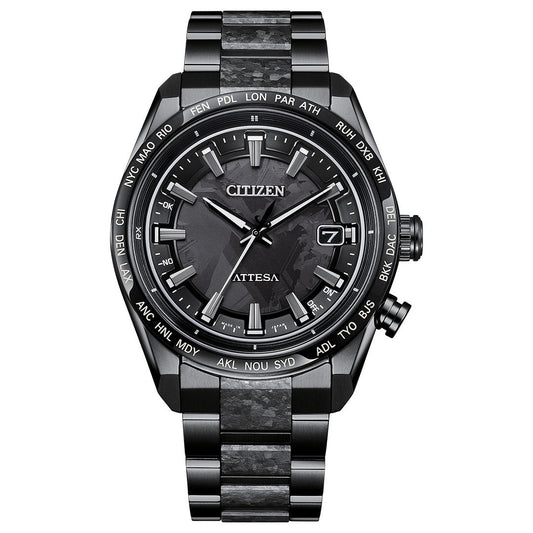 The CITIZEN Attesa Hakuto-R Limited Edition Eco-Drive 40.6mm Watch features a Super Titanium band, black patterned dial, silver hour markers, date at 3 o’clock, Atomic Time Keeping, and world city codes on the bezel.