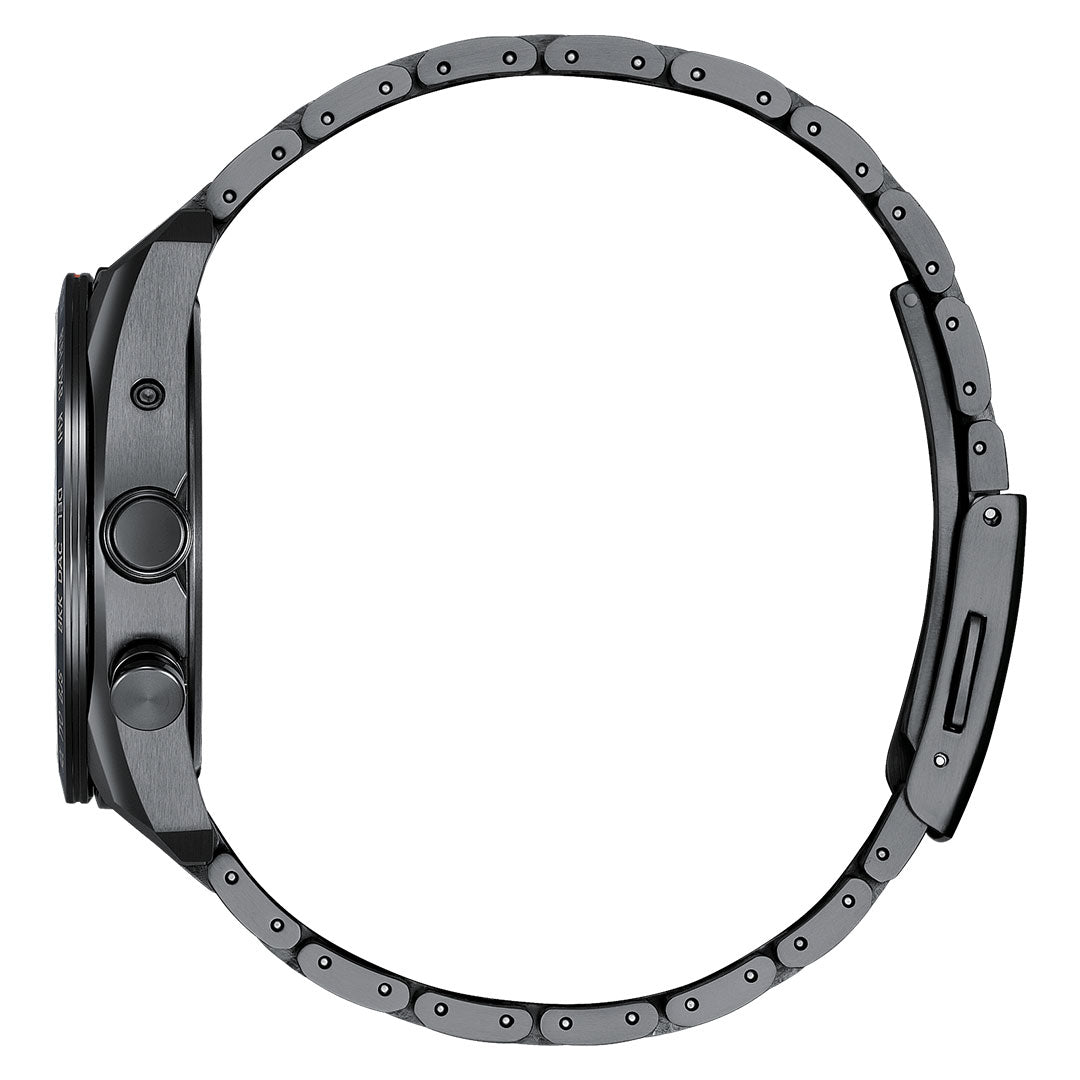 Side view of CITIZEN Attesa Hakuto-R Atomic Time Keeping Super Titanium Limited Edition Eco-Drive 40.6mm Watch, featuring two case buttons, a dark brushed finish, and a circular-arranged Super Titanium band.