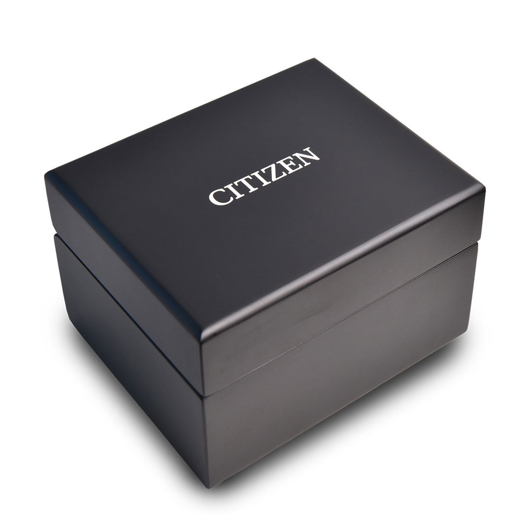 A closed, rectangular black CITIZEN box with white logo on the lid, photographed on a white background—ideal for showcasing the CITIZEN Attesa Hakuto-R Atomic Time Keeping Super Titanium Limited Edition Eco-Drive 40.6mm Watch.