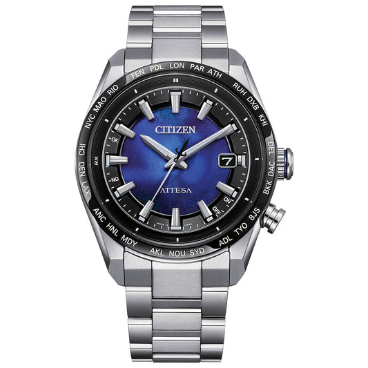 The CITIZEN Attesa Hakuto-R Atomic Time Keeping Super Titanium Limited Edition Eco-Drive 40.6mm men's watch features a blue gradient dial, silver markers, date at 3 o'clock, and a world time bezel with city abbreviations.