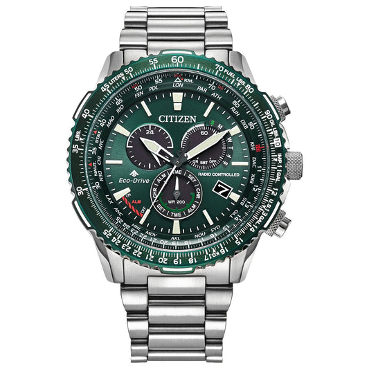 A CITIZEN Promaster Air A-T Atomic Time Keeping Eco-Drive 46mm Watch featuring a stainless steel band and a green dial, equipped with multiple dials, radio-controlled timekeeping, and water resistance up to 200 meters.