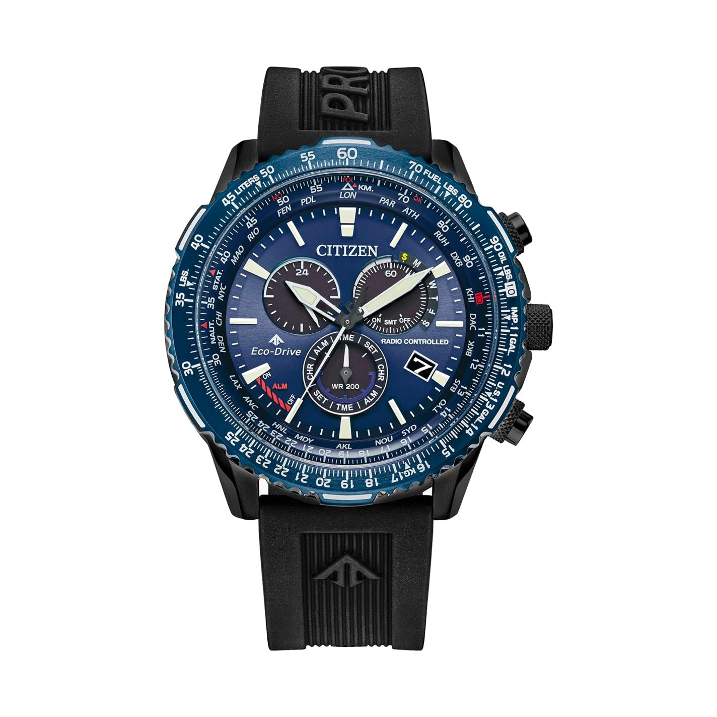 The CITIZEN Promaster Air A-T Atomic Time Keeping Eco-Drive 46mm Watch boasts a blue dial with multiple subdials, integrating advanced Eco-Drive technology. It includes a black rubber strap and is accented by a steel bezel adorned with intricate markings.