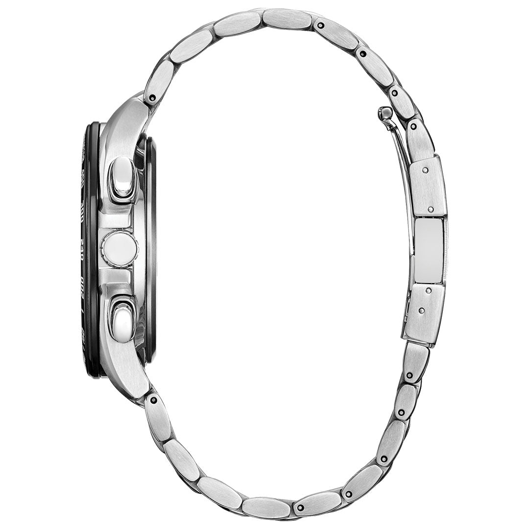 Side view of the CITIZEN Perpetual Chrono A-T Eco-Drive 43mm Watch by CITIZEN, showing its silver linked band, push buttons, and open clasp; face and 100% recycled polycarbonate dial are not visible.