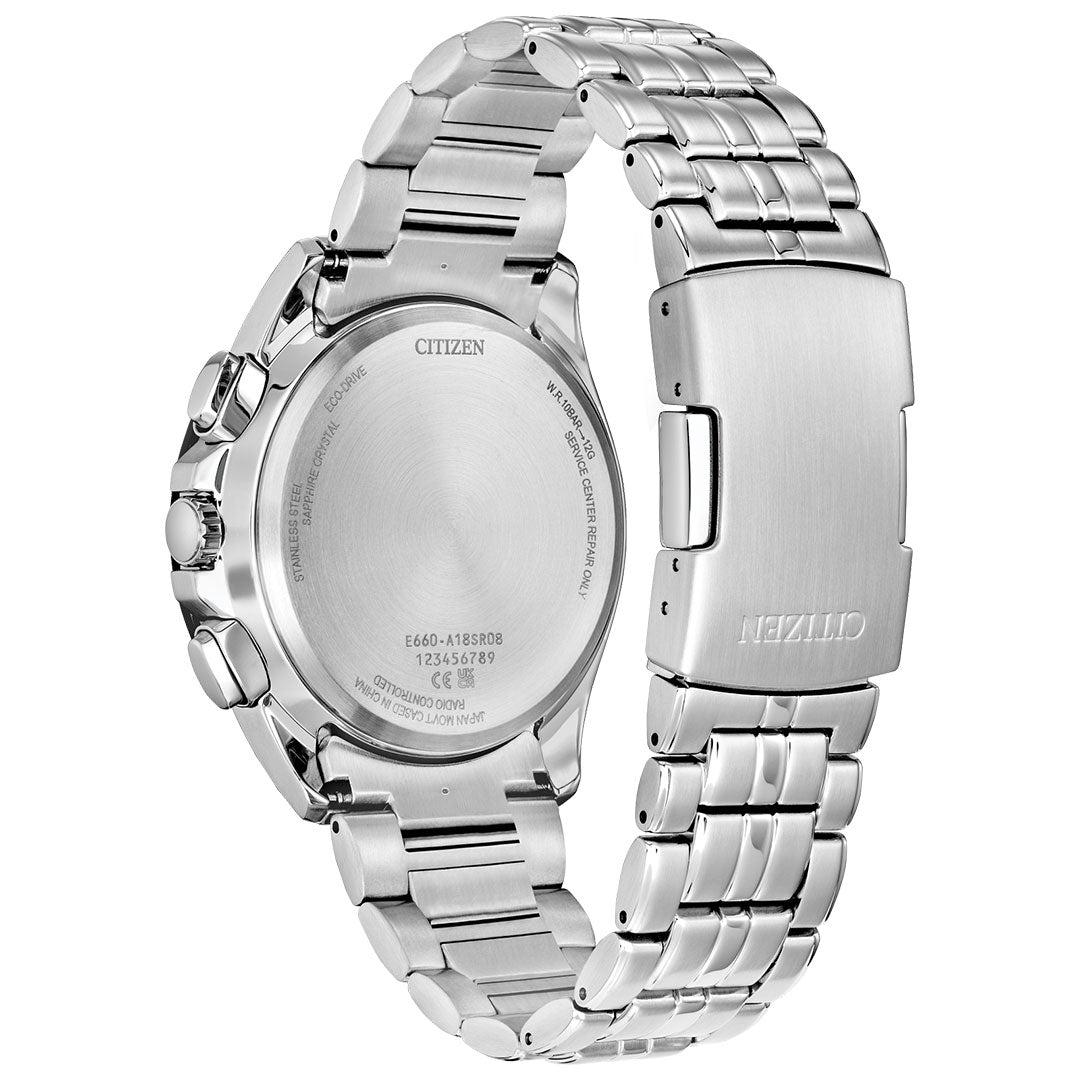The CITIZEN Perpetual Chrono A-T Eco-Drive 43mm Watch is shown from the back, highlighting its stainless steel bracelet with clasp, engraved case back, and a brushed and polished multi-link finish.