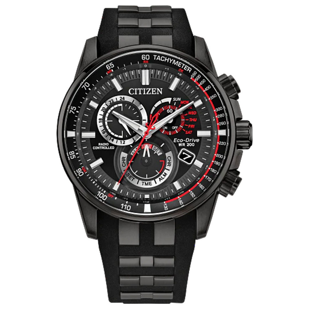 The CITIZEN Sport Luxury Eco-Drive 43mm men’s watch features a black round face, multiple dials, red and white accents, tachymeter markings, chronograph, date and day display, and a black rubber strap.