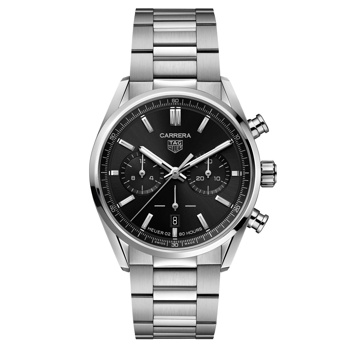 The TAG Heuer Carrera Chronograph Automatic 42mm Watch from TAG Heuer features a sleek silver design with a refined black dial, two subdials, three pushers on the right side, and a durable metal bracelet. Powered by the Calibre HEUER02 automatic chronograph movement, this watch also includes a convenient date window at the 6 o’clock position.