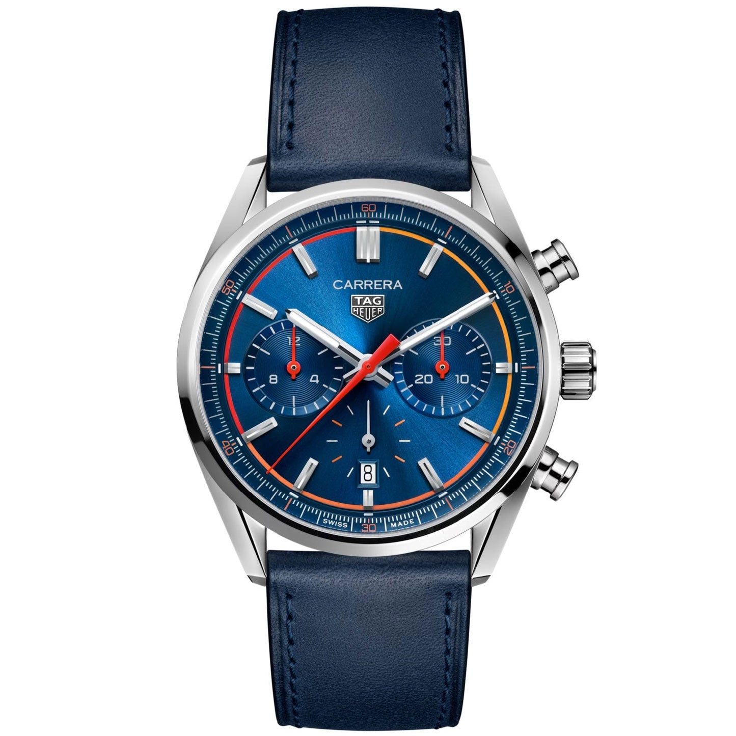 The TAG Heuer Carrera Chronograph Automatic 42mm Watch by TAG Heuer showcases a vibrant blue dial with two matching blue subdials, highlighted by silver hour markers. Bold red hands add a dynamic touch, while the watch is completed with a luxurious blue leather strap. Powered by the Calibre HEUER02 movement, its elegant silver case features dual pushers and a crown on the right side, embodying TAG Heuer’s legacy of outstanding chronograph design.